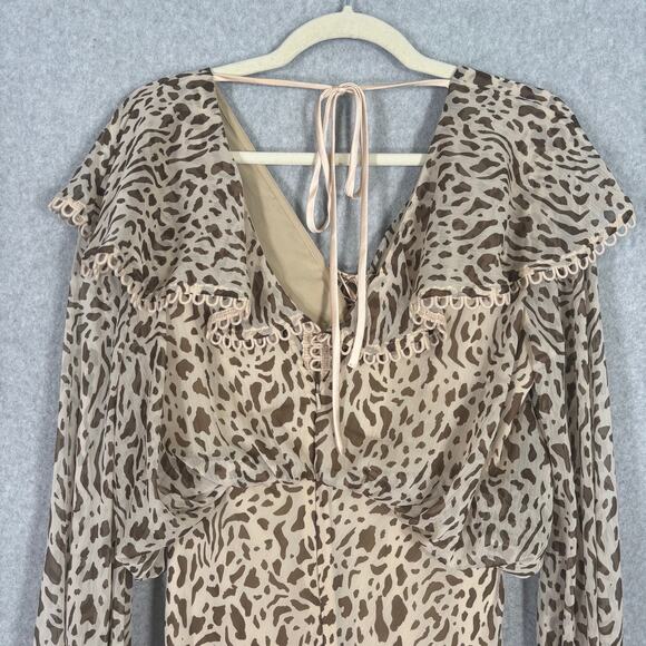ASOS Dress 8 Cream Midi Ruffle Tiered Leopard Sheer Puff Prairie Cottage Boho - Picture 13 of 16